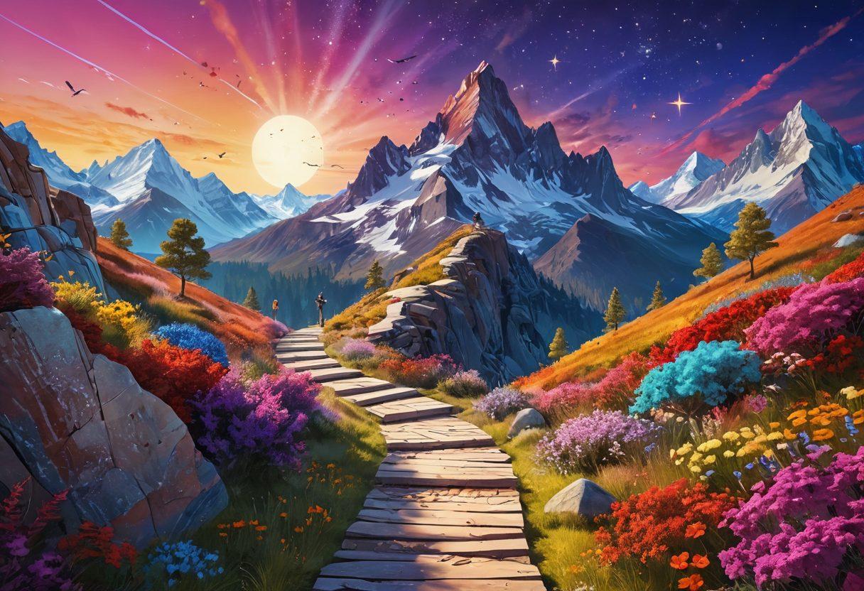 A vibrant pathway leading from a colorful landscape of euphoria, transitioning into a majestic mountain of achievements, with joyful figures celebrating along the way. Include symbols of success like trophies and stars scattered throughout the scene. Bright, uplifting colors to signify happiness and determination. surrealism. vibrant colors. 3D.