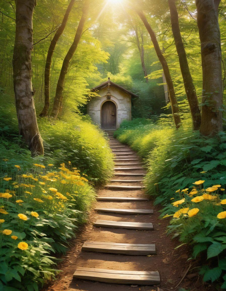 A serene path winding through a lush green forest, illuminated by soft golden sunlight filtering through the trees, symbolizing a journey to fulfillment. Along the path, scattered inspirational quotes and symbolically important markers like a compass, a key, and a glowing door at the distant end, representing happiness and success. Colorful flowers bloom alongside the path, inviting exploration and joy. dreamy and ethereal. vibrant colors. super-realistic.
